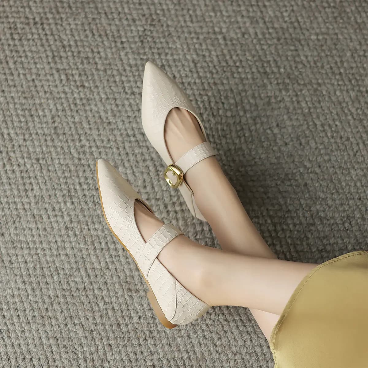 Mulinsen Cow Leather Elegant Temperament Artistic Comfort Mary Jane Shoes Women's Beige 2