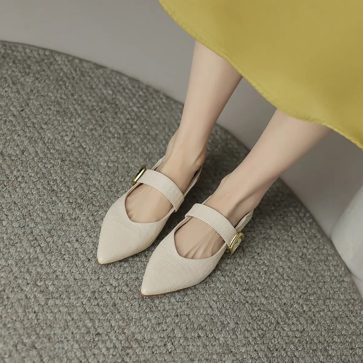 Mulinsen Cow Leather Elegant Temperament Artistic Comfort Mary Jane Shoes Women's Beige 7