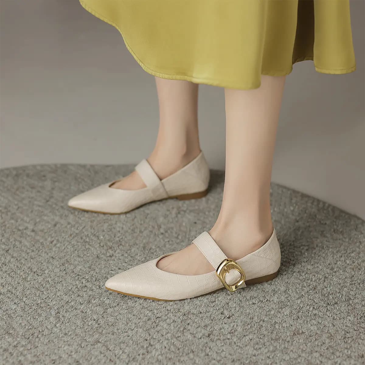 Mulinsen Cow Leather Elegant Temperament Artistic Comfort Mary Jane Shoes Women's Beige 5