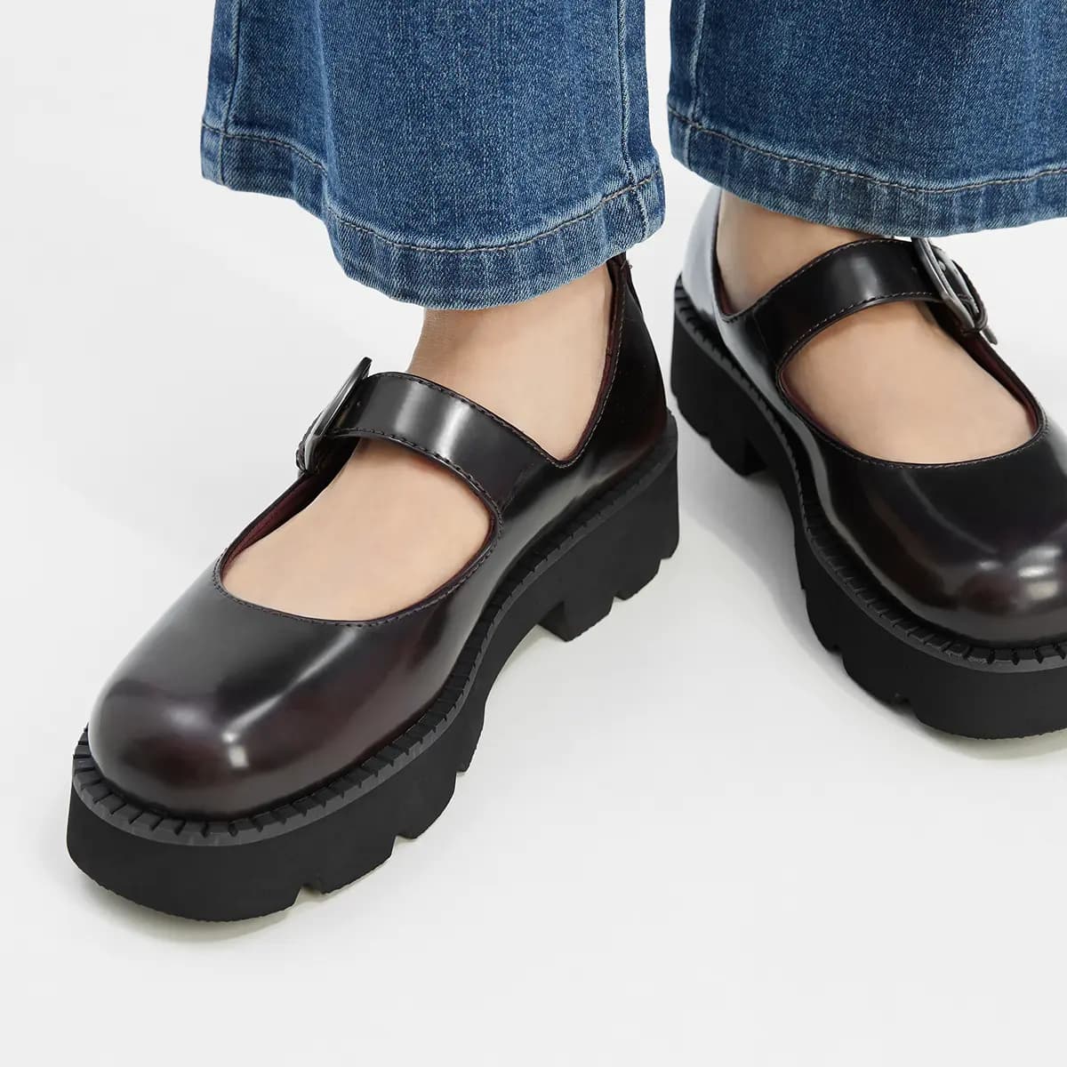 CHARLES & KEITH 4.4 sm Platforma Mary Jane Ayaqqabı Qadın Qara/Bordo 9