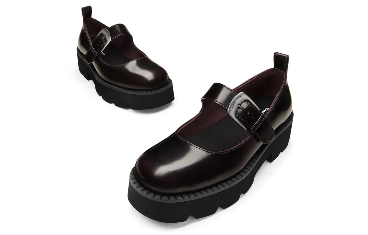 CHARLES & KEITH 4.4 sm Platforma Mary Jane Ayaqqabı Qadın Qara/Bordo 8