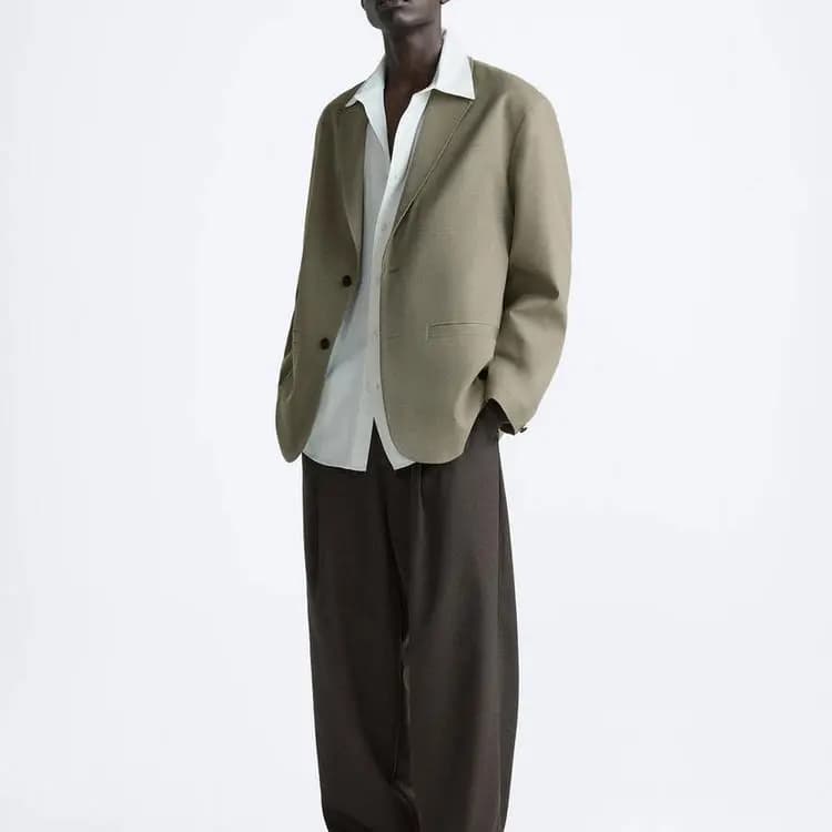 ZARA Fashion Casual Simple Relaxed Long Sleeve Blazer Men's Sand 4