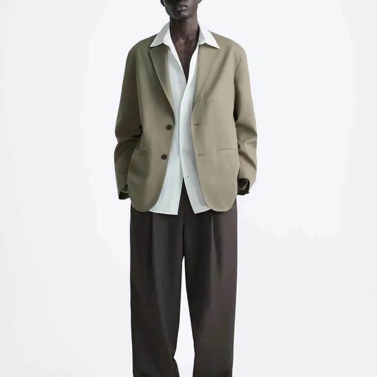 ZARA Fashion Casual Simple Relaxed Long Sleeve Blazer Men's Sand 3