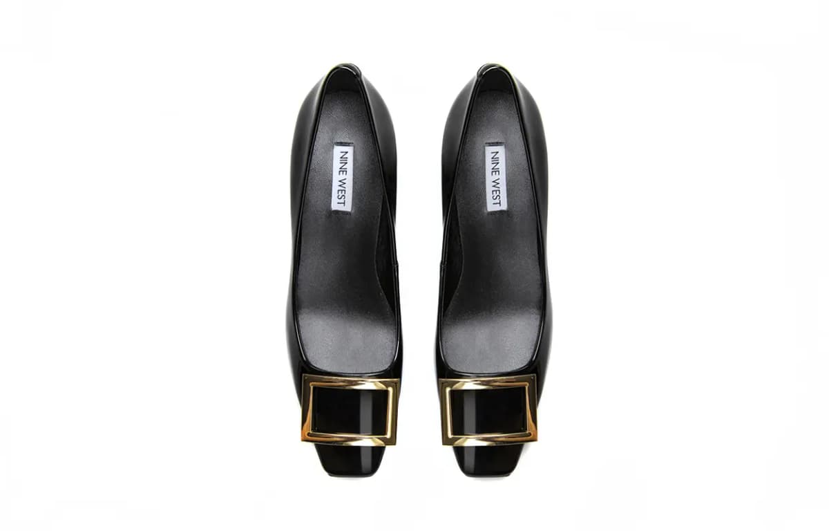 NINE WEST Women's Cowhide Leather Simple Fashion Shallow Square Toe Commuter Date Dinner Elegant Versatile Patent Leather Pointed Heels 5cm Apricot/Black/Off-White 6
