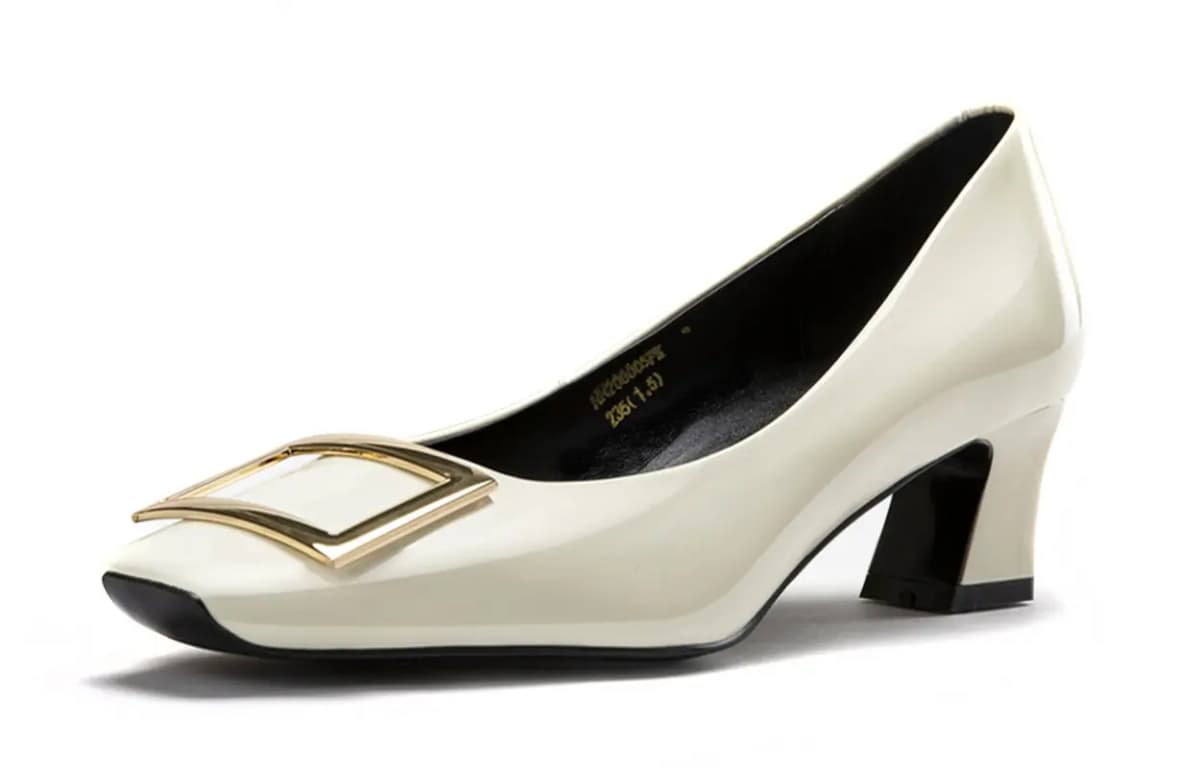 NINE WEST Women's Cowhide Leather Simple Fashion Shallow Square Toe Commuter Date Dinner Elegant Versatile Patent Leather Pointed Heels 5cm Apricot/Black/Off-White 18