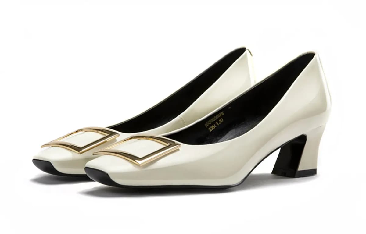 NINE WEST Women's Cowhide Leather Simple Fashion Shallow Square Toe Commuter Date Dinner Elegant Versatile Patent Leather Pointed Heels 5cm Apricot/Black/Off-White 19