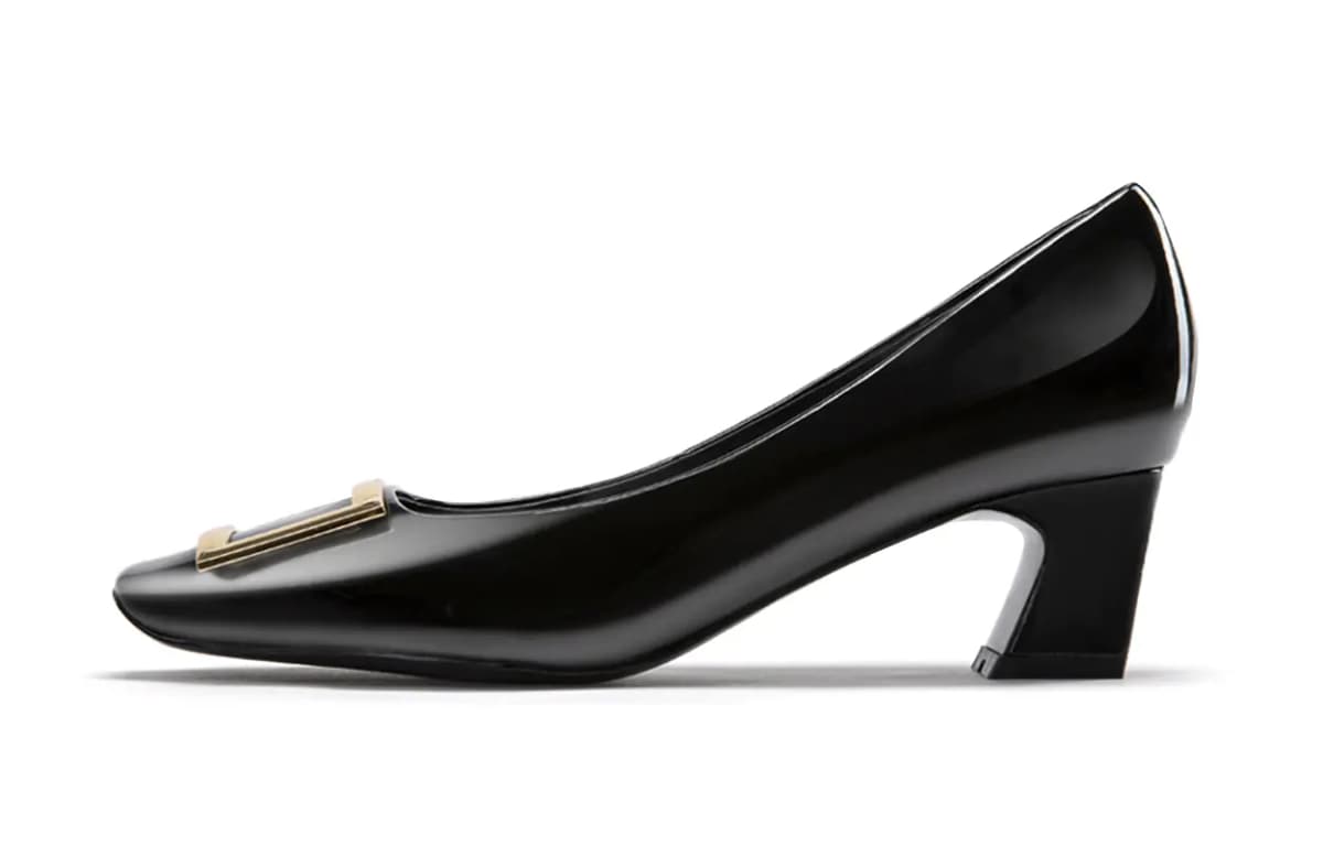 NINE WEST Women's Cowhide Leather Simple Fashion Shallow Square Toe Commuter Date Dinner Elegant Versatile Patent Leather Pointed Heels 5cm Apricot/Black/Off-White