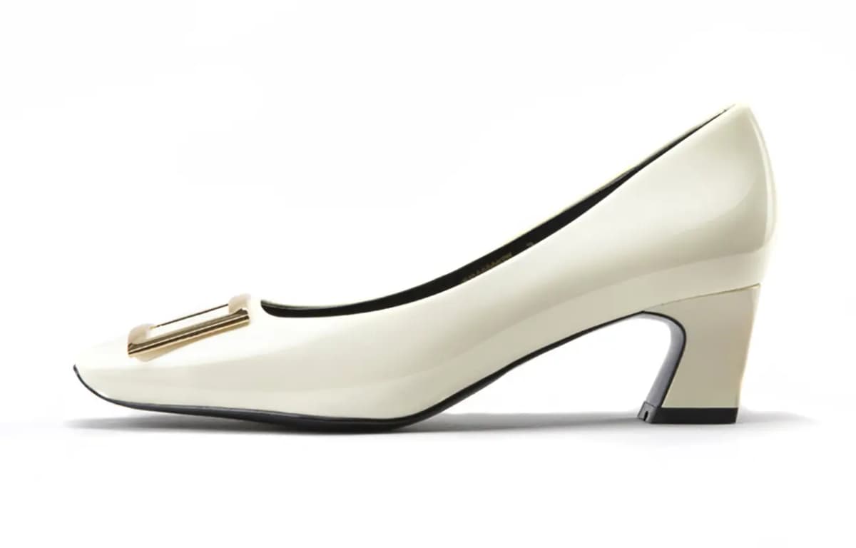 NINE WEST Women's Cowhide Leather Simple Fashion Shallow Square Toe Commuter Date Dinner Elegant Versatile Patent Leather Pointed Heels 5cm Apricot/Black/Off-White 16