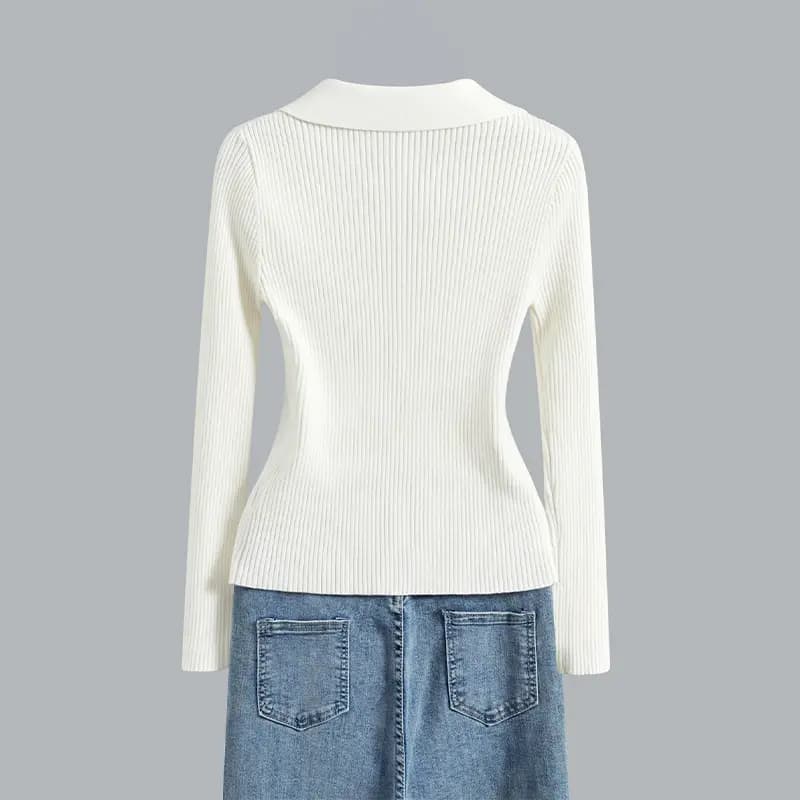 SheChi Lapel Slim-Fit Elegant Fashion Versatile Knit Sweater Women's 4