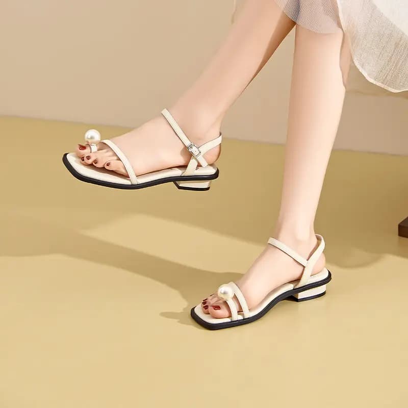 JOSINY Fashion Trendy Comfortable Versatile Fairy Style Square Toe Pearl Strap Chunky Heel One-Strap Sandals 4cm Women's 12