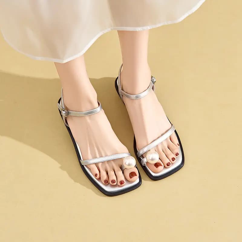 JOSINY Fashion Trendy Comfortable Versatile Fairy Style Square Toe Pearl Strap Chunky Heel One-Strap Sandals 4cm Women's 10