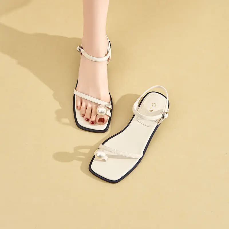 JOSINY Fashion Trendy Comfortable Versatile Fairy Style Square Toe Pearl Strap Chunky Heel One-Strap Sandals 4cm Women's 14