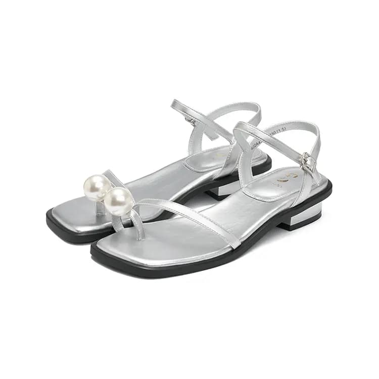 JOSINY Fashion Trendy Comfortable Versatile Fairy Style Square Toe Pearl Strap Chunky Heel One-Strap Sandals 4cm Women's 3