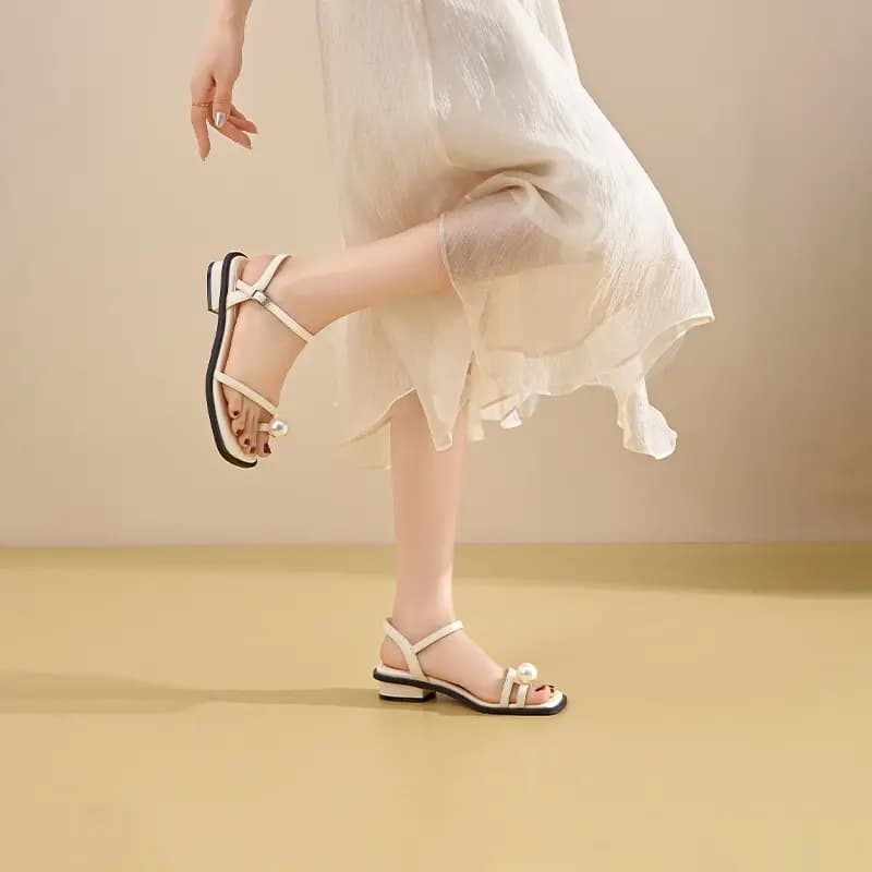 JOSINY Fashion Trendy Comfortable Versatile Fairy Style Square Toe Pearl Strap Chunky Heel One-Strap Sandals 4cm Women's 13