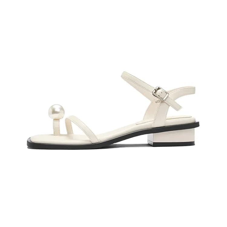 JOSINY Fashion Trendy Comfortable Versatile Fairy Style Square Toe Pearl Strap Chunky Heel One-Strap Sandals 4cm Women's 4