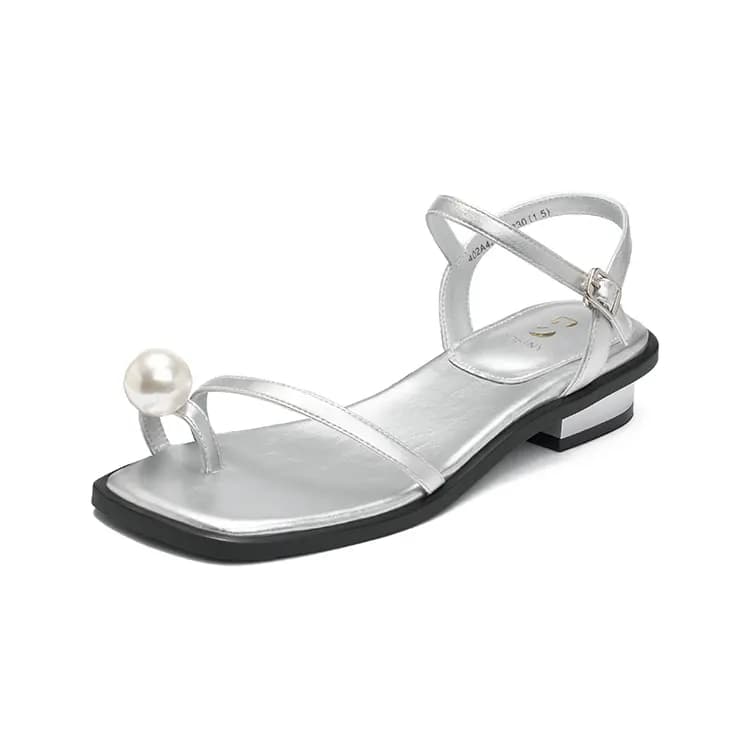 JOSINY Fashion Trendy Comfortable Versatile Fairy Style Square Toe Pearl Strap Chunky Heel One-Strap Sandals 4cm Women's 2