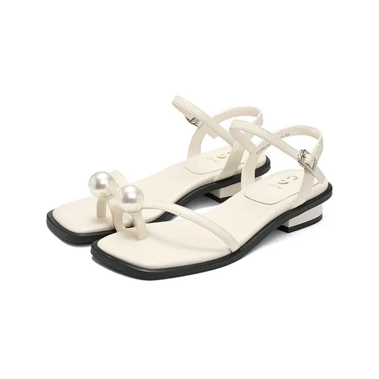 JOSINY Fashion Trendy Comfortable Versatile Fairy Style Square Toe Pearl Strap Chunky Heel One-Strap Sandals 4cm Women's 6