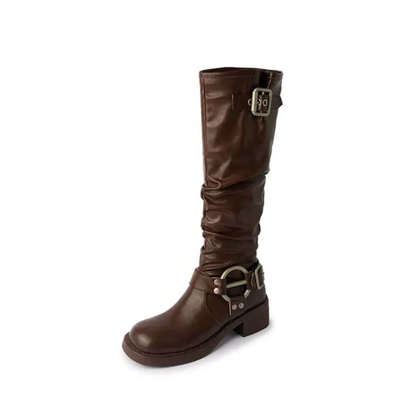 AIQINISHA Women's Cowhide Leather Round Toe Retro Simple Elegant High Boots 7