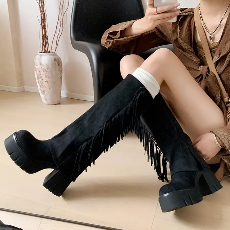 AIQINISHA Suede British Style Elegant High Boots 9cm Women's 3