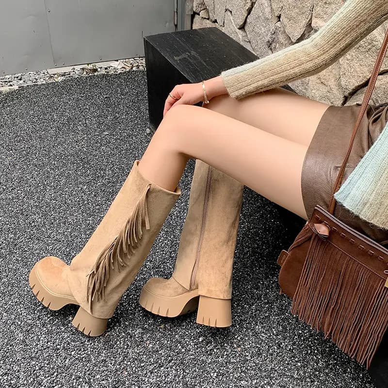AIQINISHA Suede British Style Elegant High Boots 9cm Women's 8