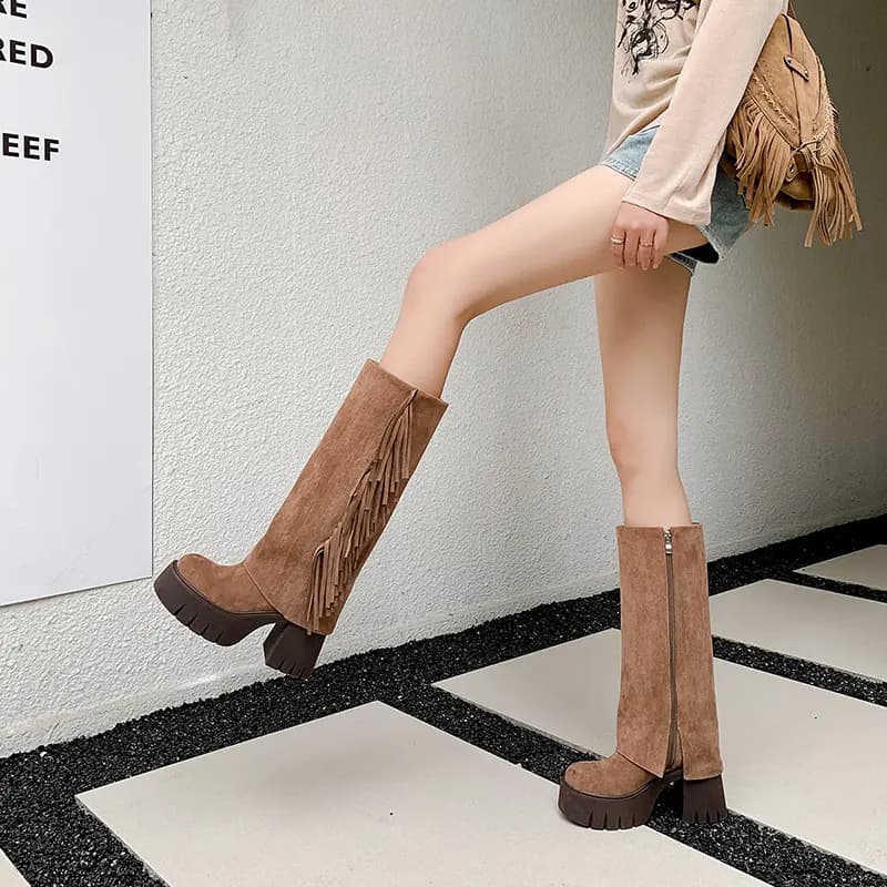 AIQINISHA Suede British Style Elegant High Boots 9cm Women's 6