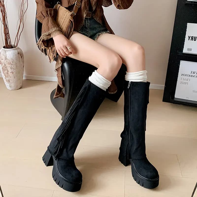 AIQINISHA Suede British Style Elegant High Boots 9cm Women's 2