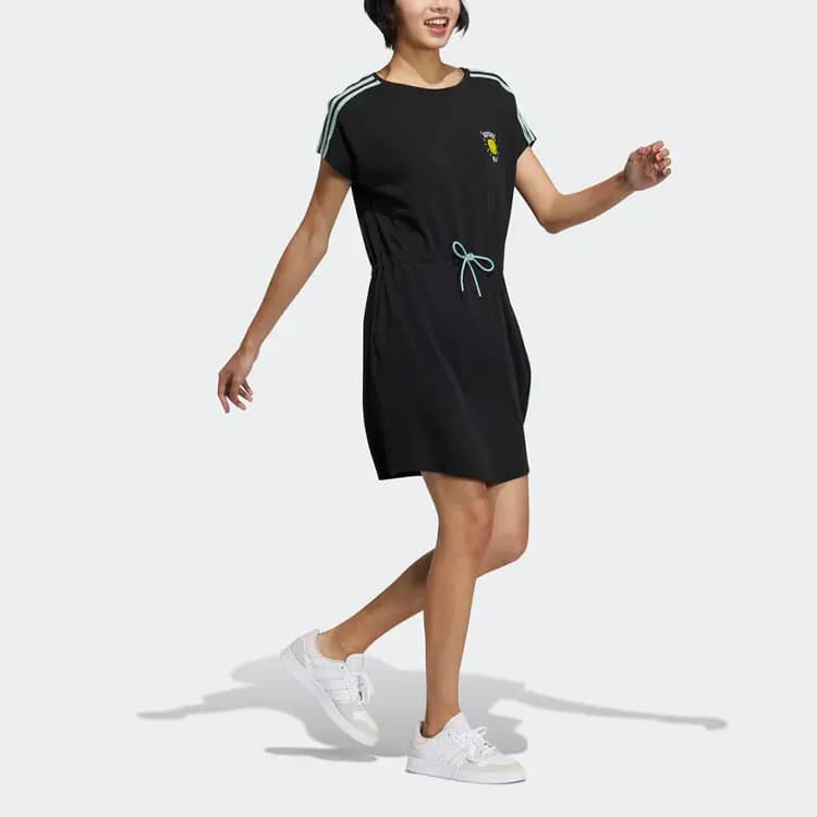 adidas neo W Smly Drss Smiley Print Striped Fitted Sports Waist Short Sleeve Dress Women's Black 3