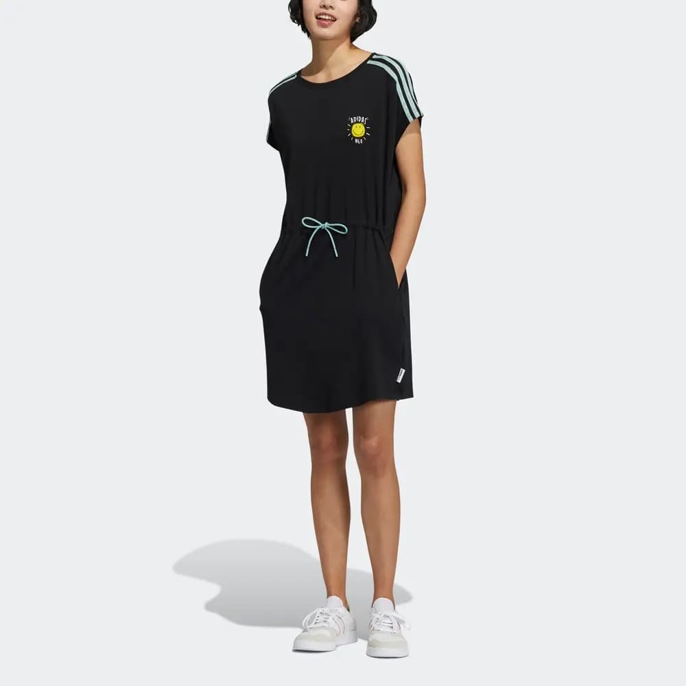 adidas neo W Smly Drss Smiley Print Striped Fitted Sports Waist Short Sleeve Dress Women's Black 4