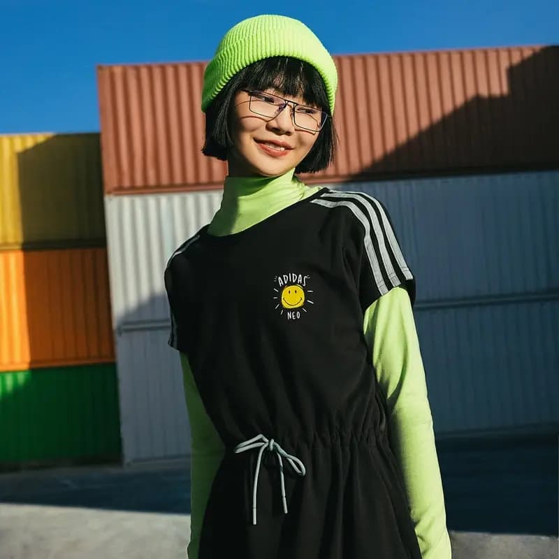 adidas neo W Smly Drss Smiley Print Striped Fitted Sports Waist Short Sleeve Dress Women's Black 7