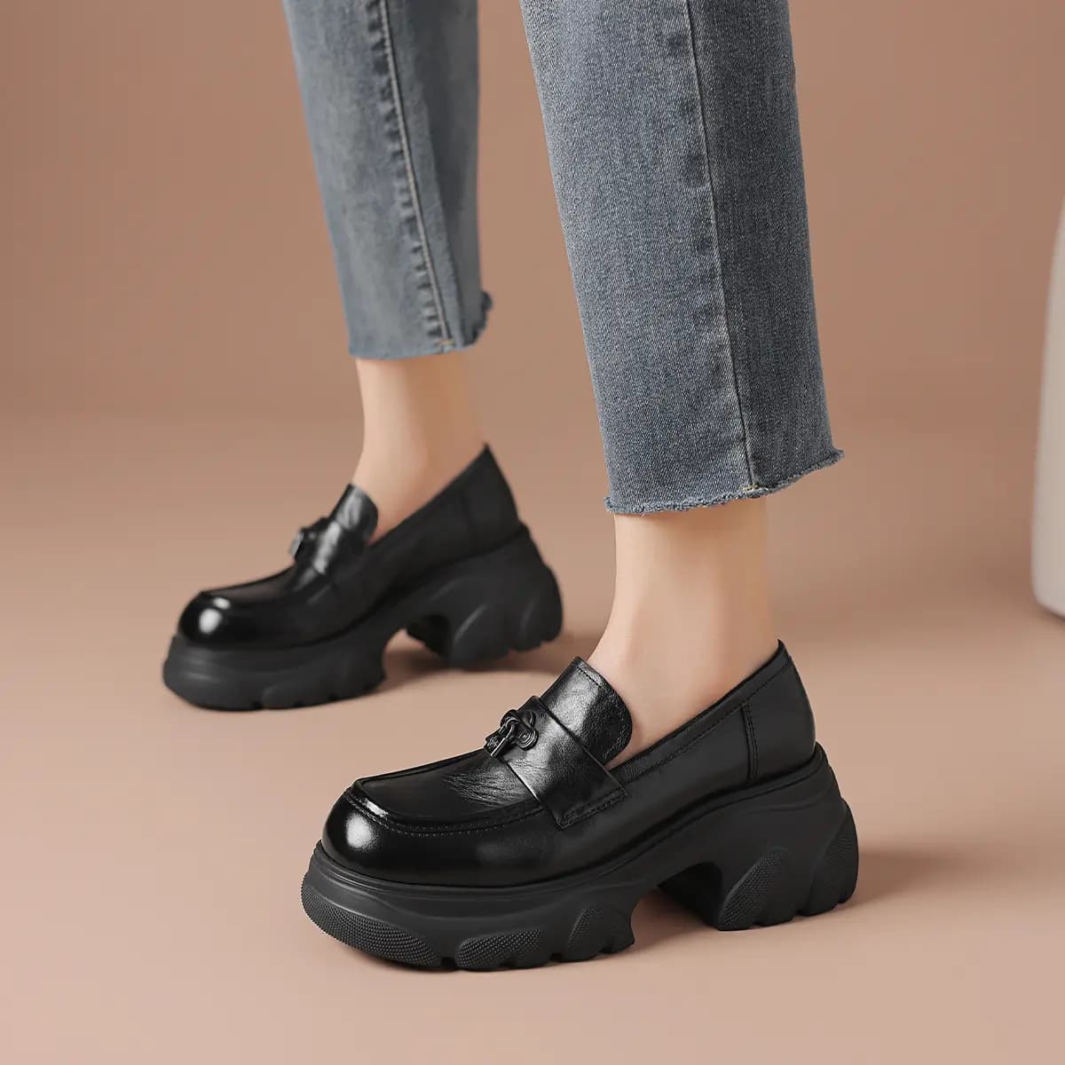 Bordeer Cowhide Leather British Thick Sole Height-Increasing Sweet Cool Loafers Women's 3
