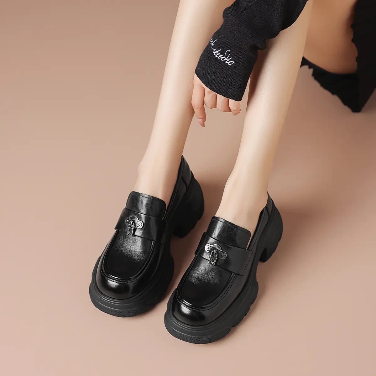 Bordeer Cowhide Leather British Thick Sole Height-Increasing Sweet Cool Loafers Women's 5