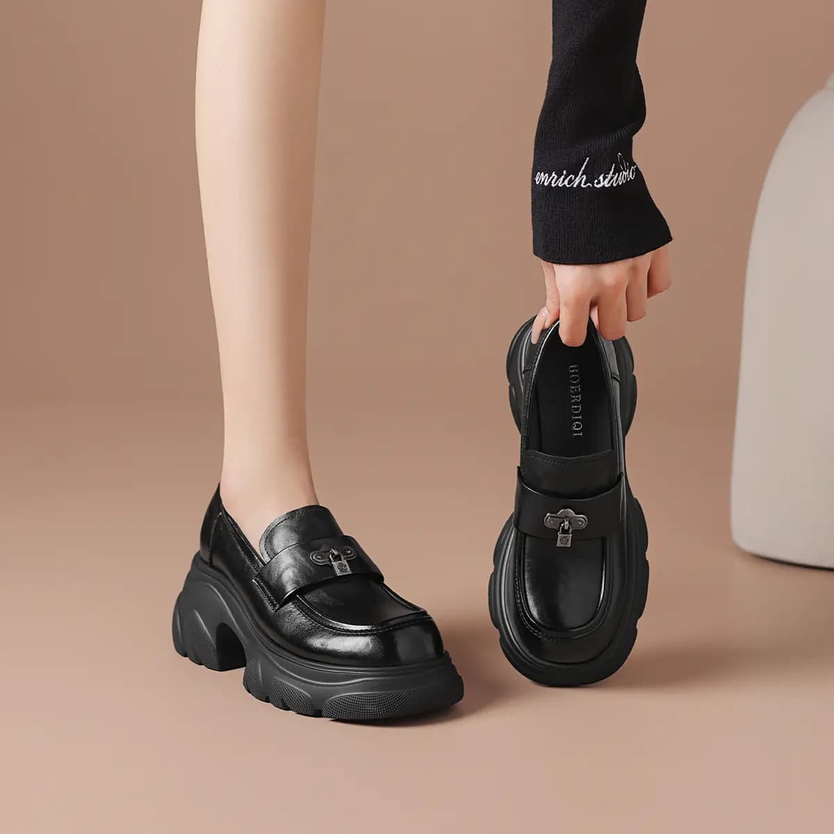 Bordeer Cowhide Leather British Thick Sole Height-Increasing Sweet Cool Loafers Women's 7