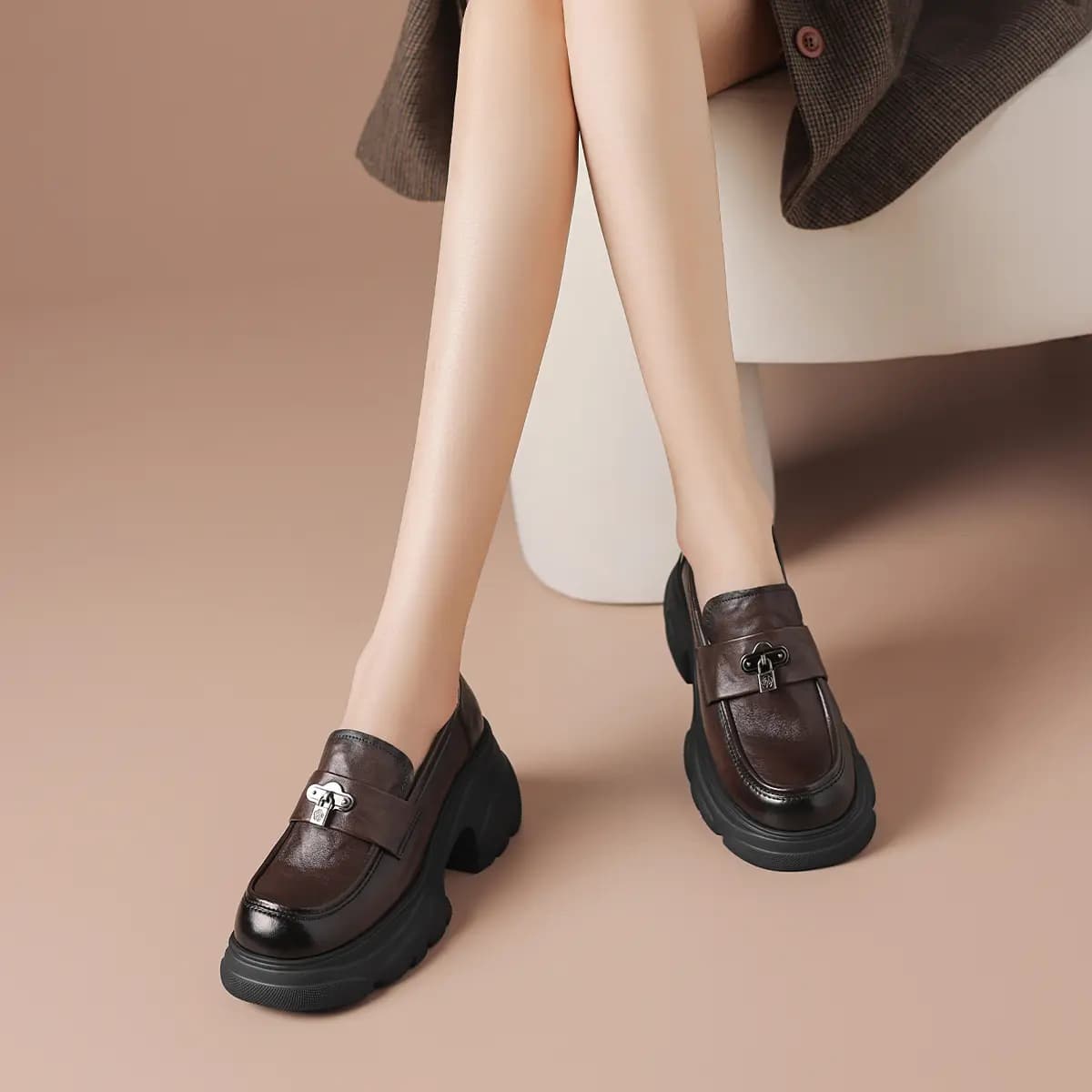 Bordeer Cowhide Leather British Thick Sole Height-Increasing Sweet Cool Loafers Women's 16