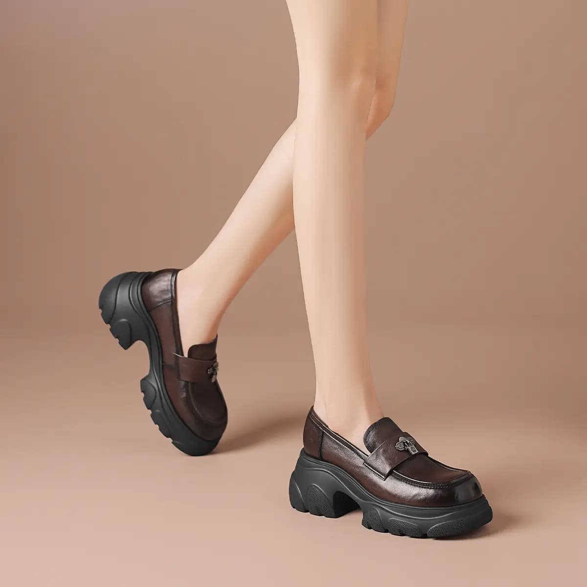 Bordeer Cowhide Leather British Thick Sole Height-Increasing Sweet Cool Loafers Women's 14