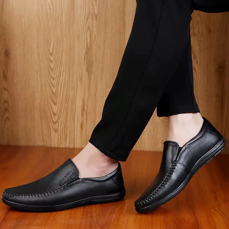 Mulinsen Split Cowhide Leather Classic Business British Style Genuine Leather Slip-On Dad Shoes Soft Sole Comfortable Versatile Casual Shoes Men's Black 5