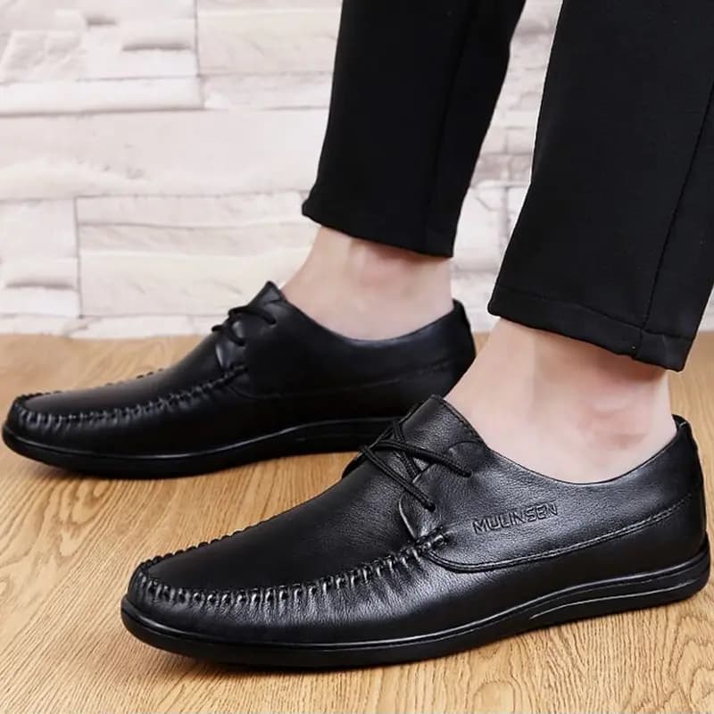 Mulinsen Split Cowhide Leather Classic Business British Style Genuine Leather Slip-On Dad Shoes Soft Sole Comfortable Versatile Casual Shoes Men's Black 9