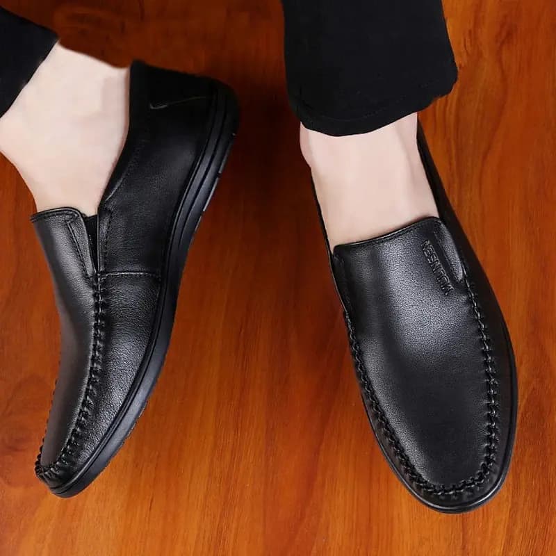 Mulinsen Split Cowhide Leather Classic Business British Style Genuine Leather Slip-On Dad Shoes Soft Sole Comfortable Versatile Casual Shoes Men's Black 6