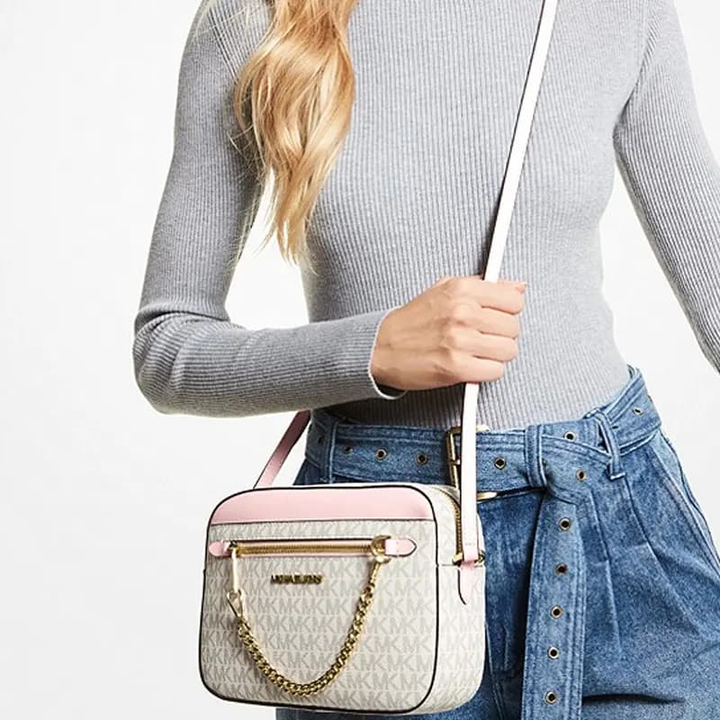 MICHAEL KORS Jet Set PVC Leather Camera Bag, Crossbody Bag Tubas Women's Pink White Multicolor 5