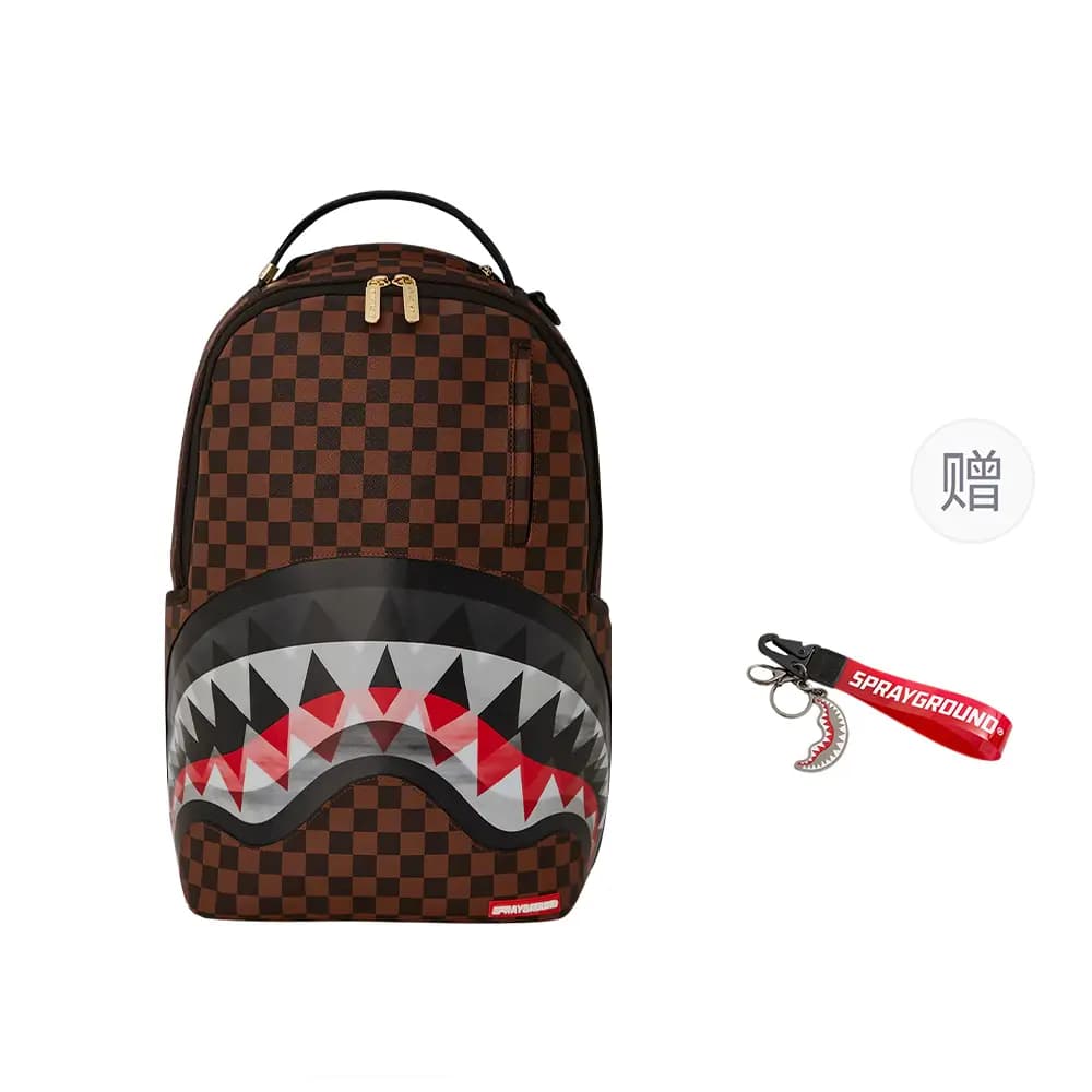 SPRAYGROUND SG Shark Large Logo Shark Mouth Transparent Chewing Checkerboard PVC Backpack Universal Brown 6