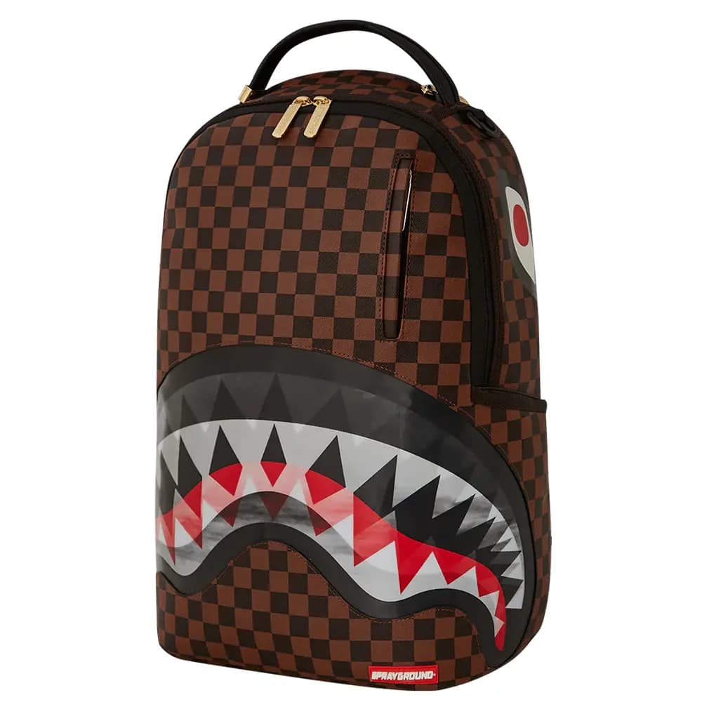 SPRAYGROUND SG Shark Large Logo Shark Mouth Transparent Chewing Checkerboard PVC Backpack Universal Brown 4