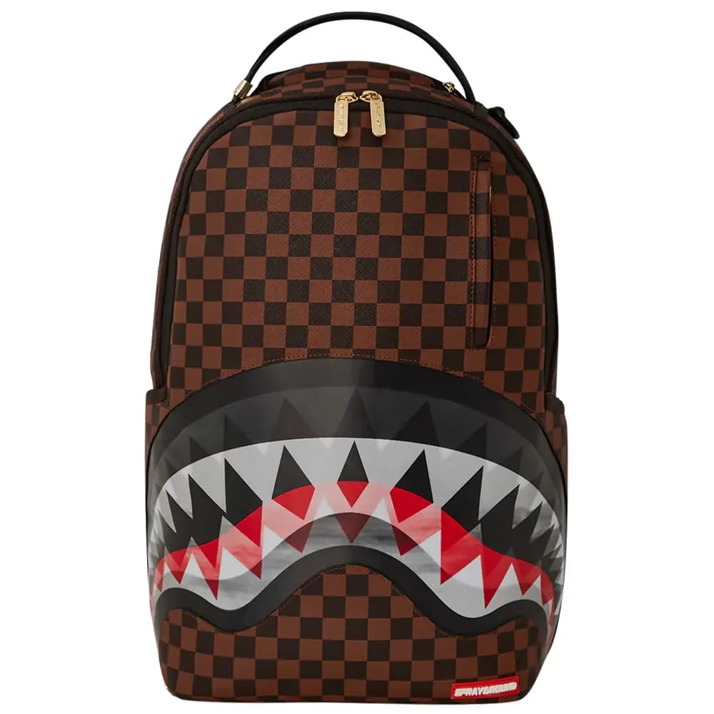 SPRAYGROUND SG Shark Large Logo Shark Mouth Transparent Chewing Checkerboard PVC Backpack Universal Brown