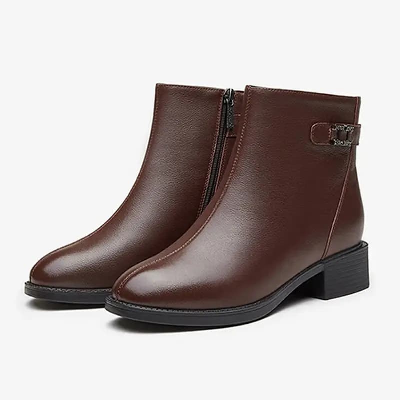 AOKANG Calf Leather High-Top Lined Warm Chunky Heel Casual Short Boots Women's 5