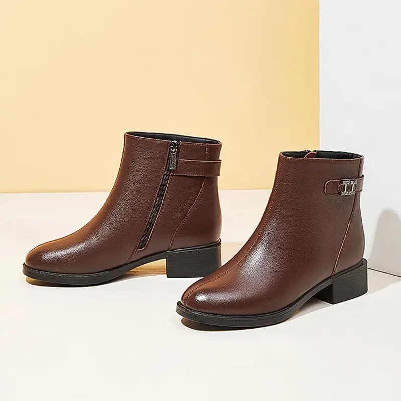 AOKANG Calf Leather High-Top Lined Warm Chunky Heel Casual Short Boots Women's 3