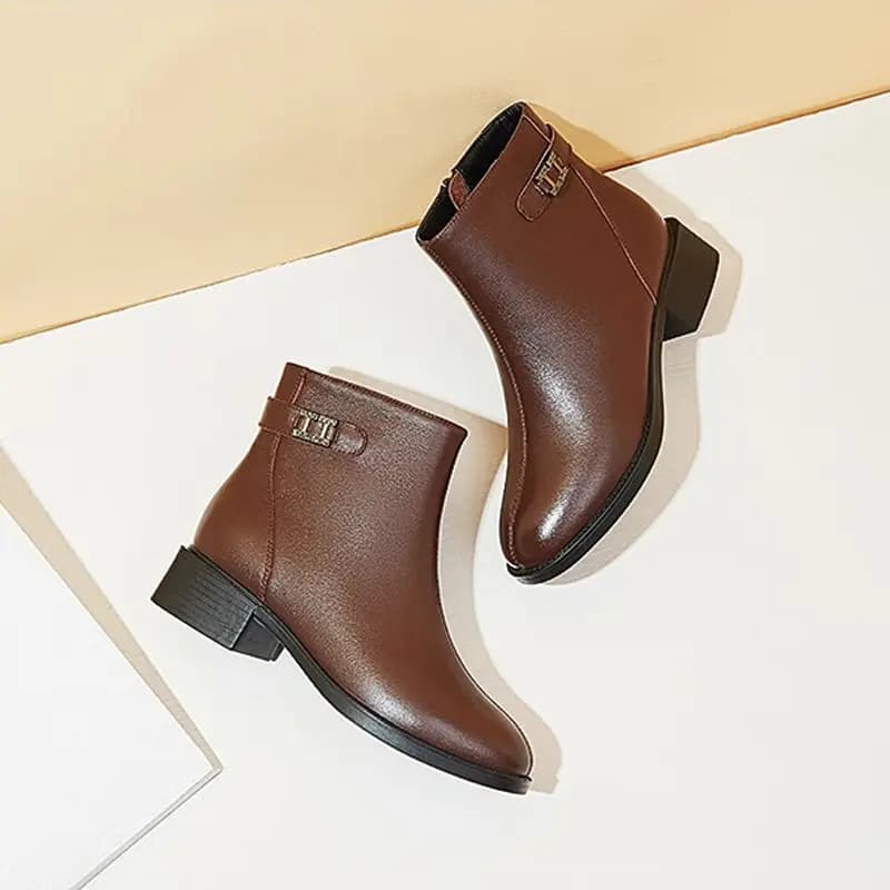 AOKANG Calf Leather High-Top Lined Warm Chunky Heel Casual Short Boots Women's 4