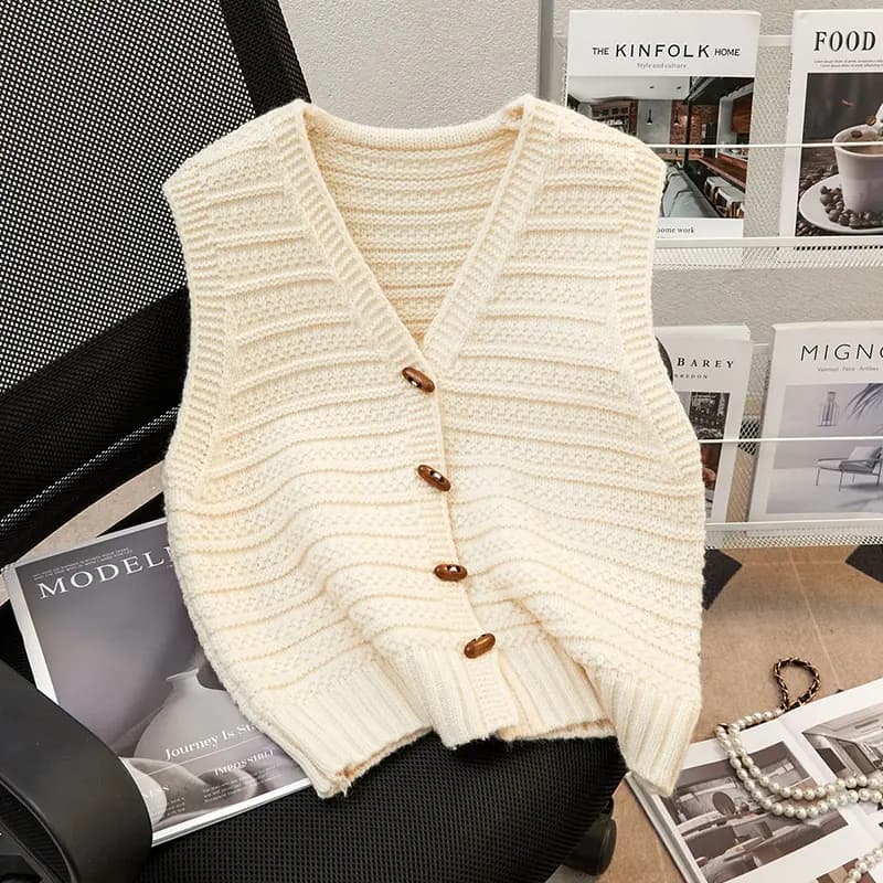 Shechi V-Neck Loose Simple Single-Breasted Casual Vest Women's Apricot 3