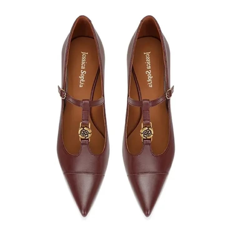 JESSICA SOPHIA Sheepskin Pointed-Toe Camellia Detail Thin Heel Mary Janes 4cm Women's 7