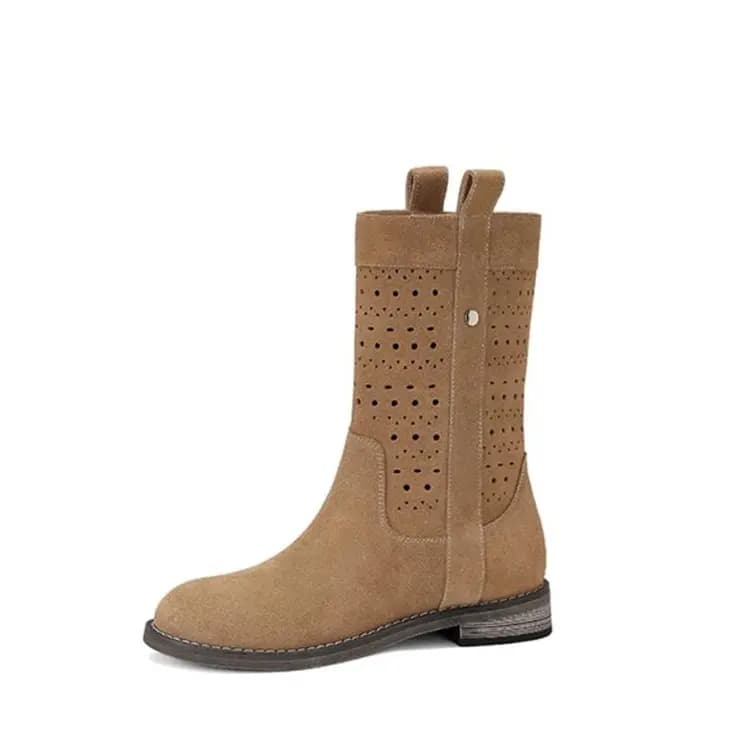 JESSICA SOPHIA Suede Leather Personality Retro Hole Short Boots 3cm Women's 3