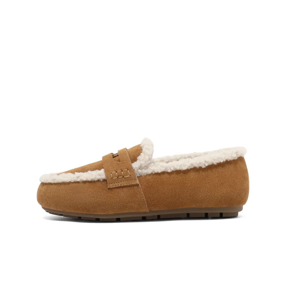 BELLE Split Cowhide Leather Slip-On Fashion Comfortable Simple Commute Versatile Warm Fleece Lined Loafers 1cm Women's