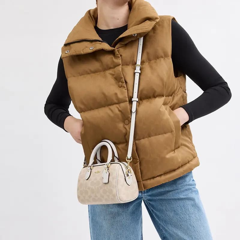 COACH Rowan 18 Classic Print Zip Closure Coated Canvas Shoulder Crossbody Tote Bag Mini Women's Vanilla White 9