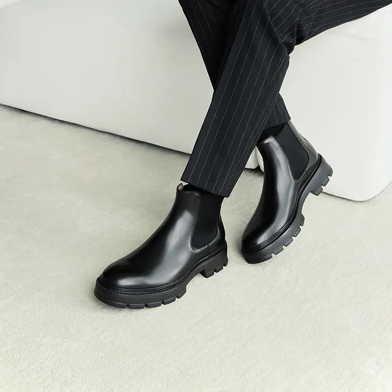 THOM WILLS Top Grain Leather British Business Thick Sole Short-Cut Chelsea Boots Men's Black 6